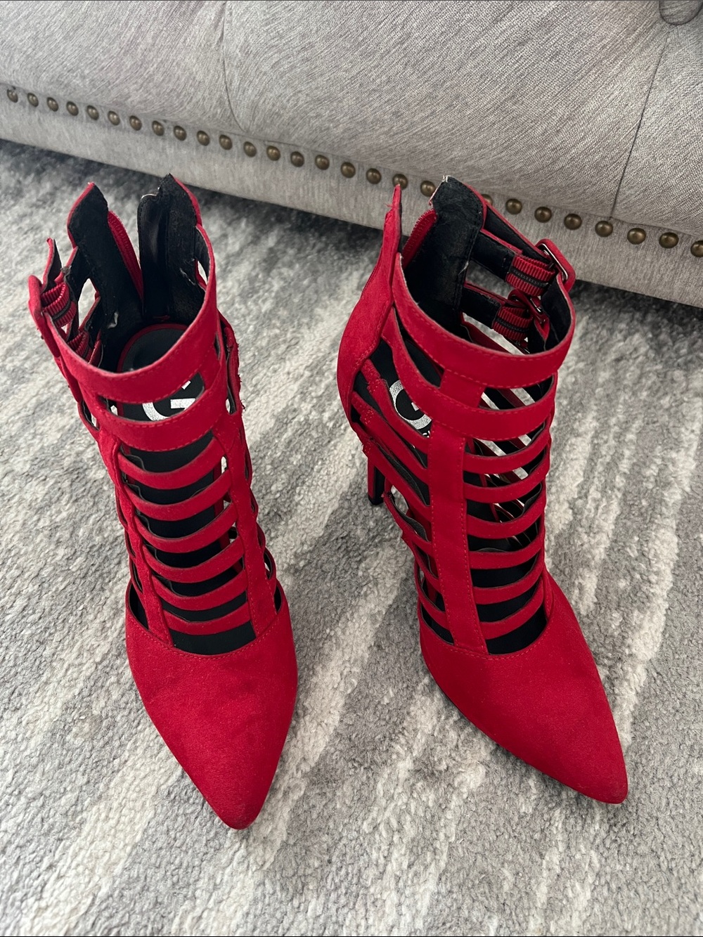 G by Guess Red Strappy Pointed-Toe Cage Heels